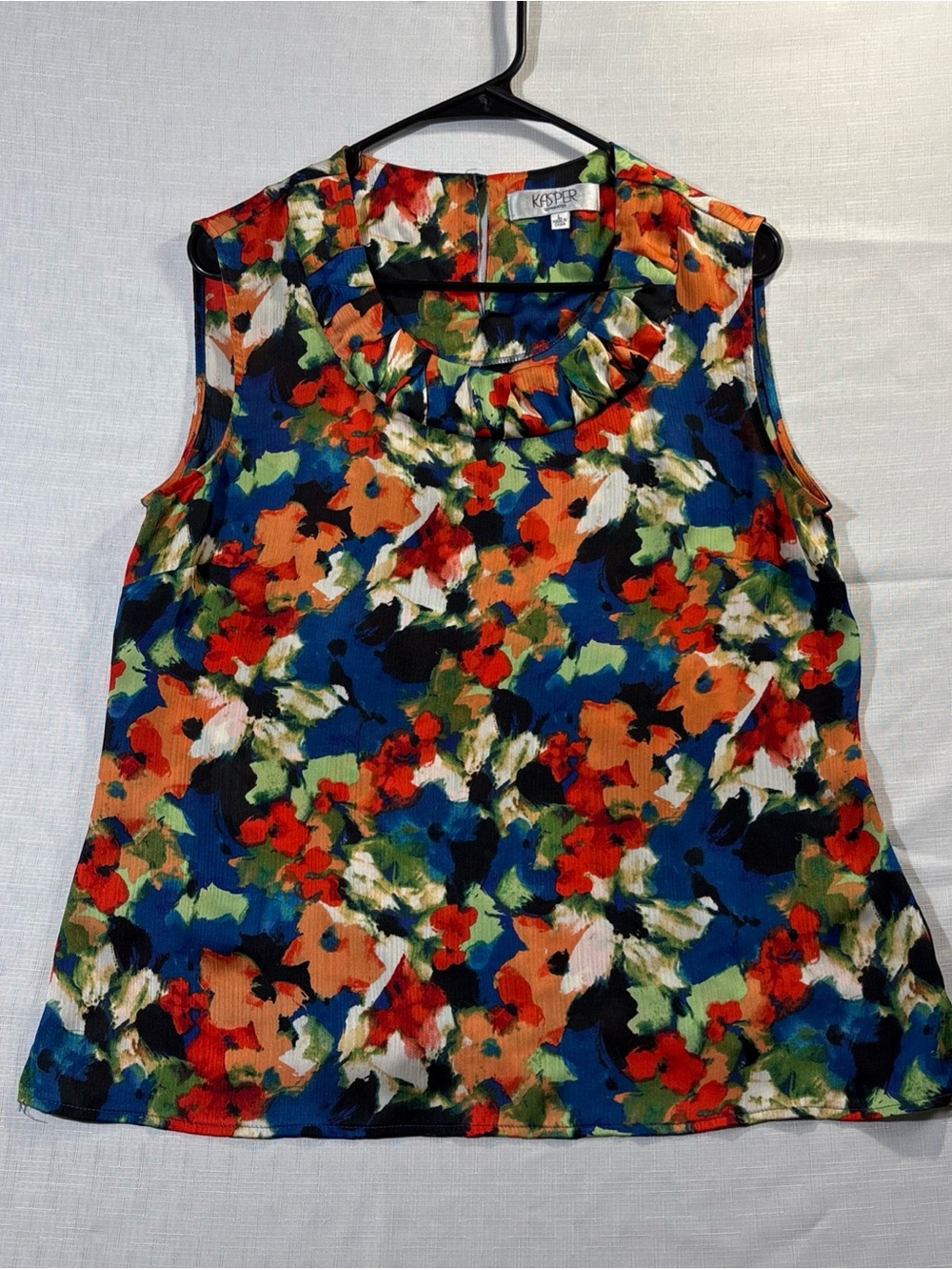 Kasper Blue Multi Floral Ruffled Neck Sleeveless Top